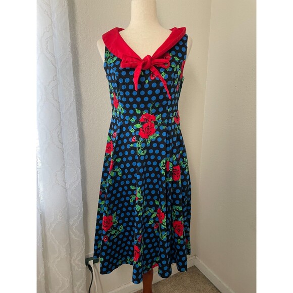 Hearts & Roses Dresses & Skirts - Hearts & Roses Rockabilly Dress Size 8 Blue Polka Dot Rose Print Retro Pinup